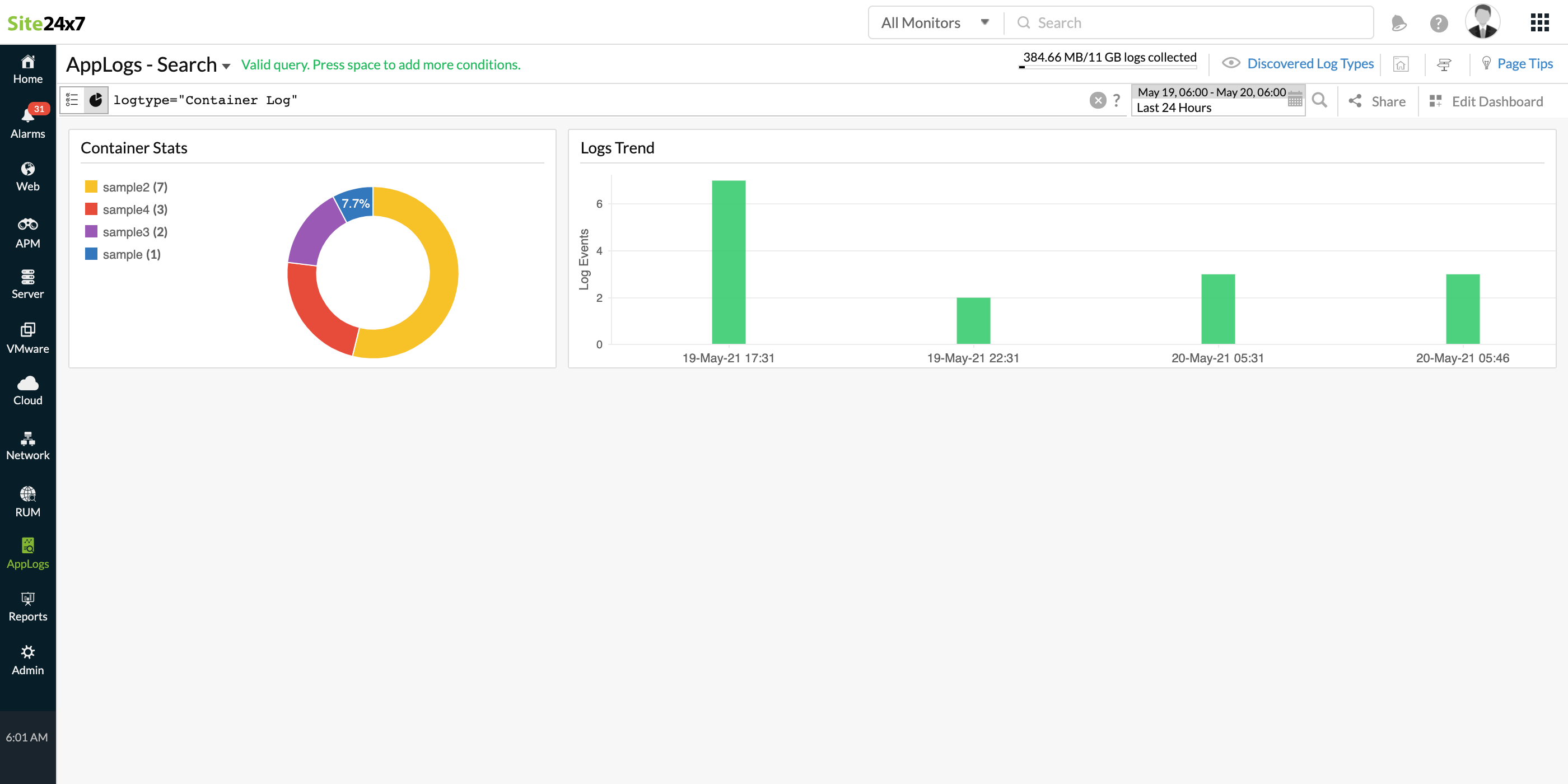 Docker Container logs dashboard