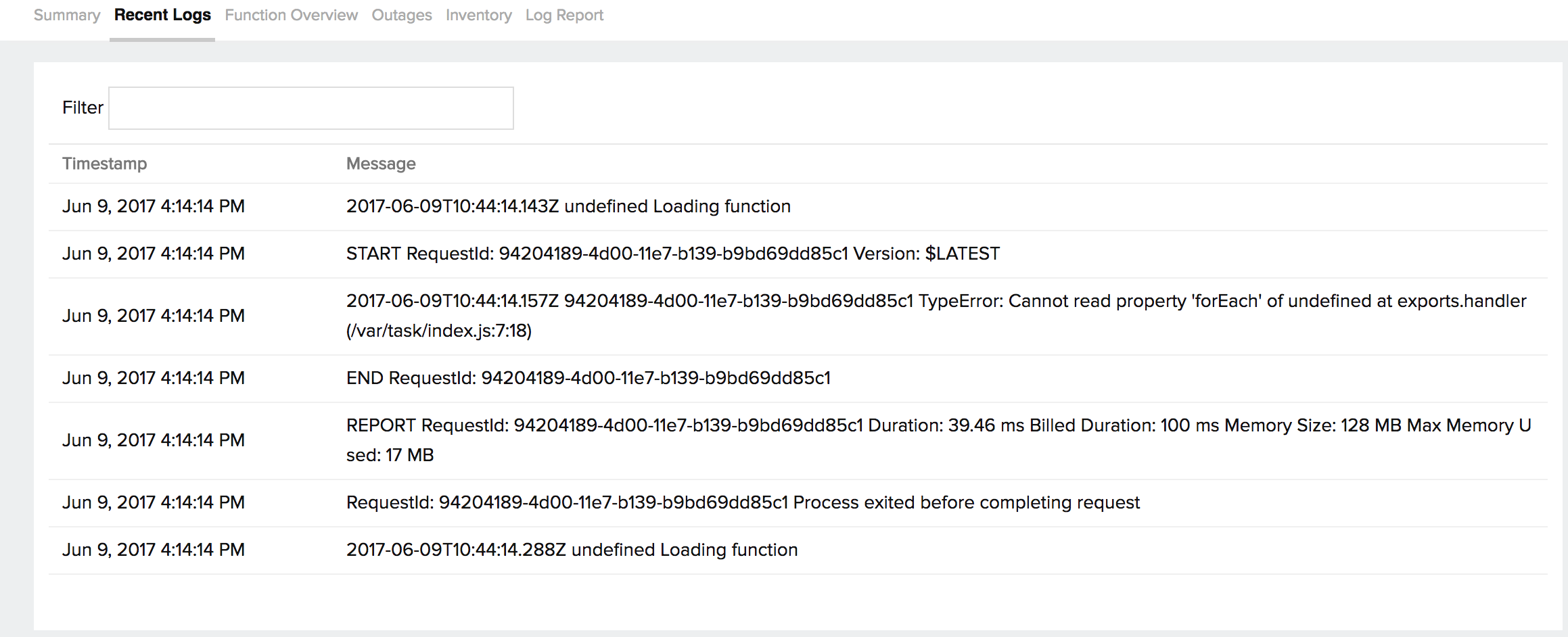 view recent Lambda logs