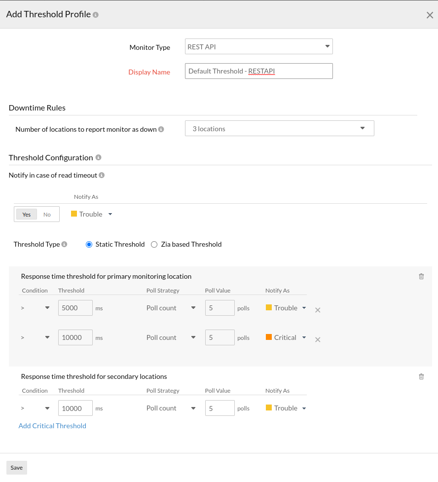 Learn how to configure threshold related settings for a Rest API monitor